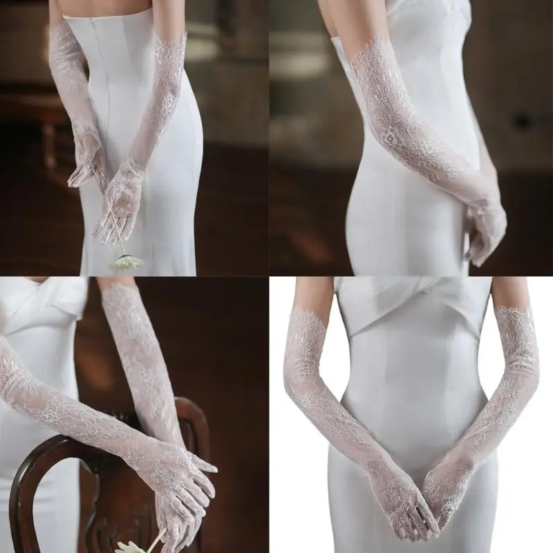 652F 2pcs Sheer Lace Arm Length Gloves Wedding Women Fancy Short Tulle Mittens for Evening Parties and Themed Gatherings