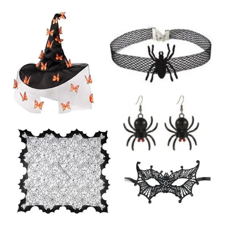 39BB Women Witch Hat with Eye Mask Choker Necklace Earrings Women Witch Costume
