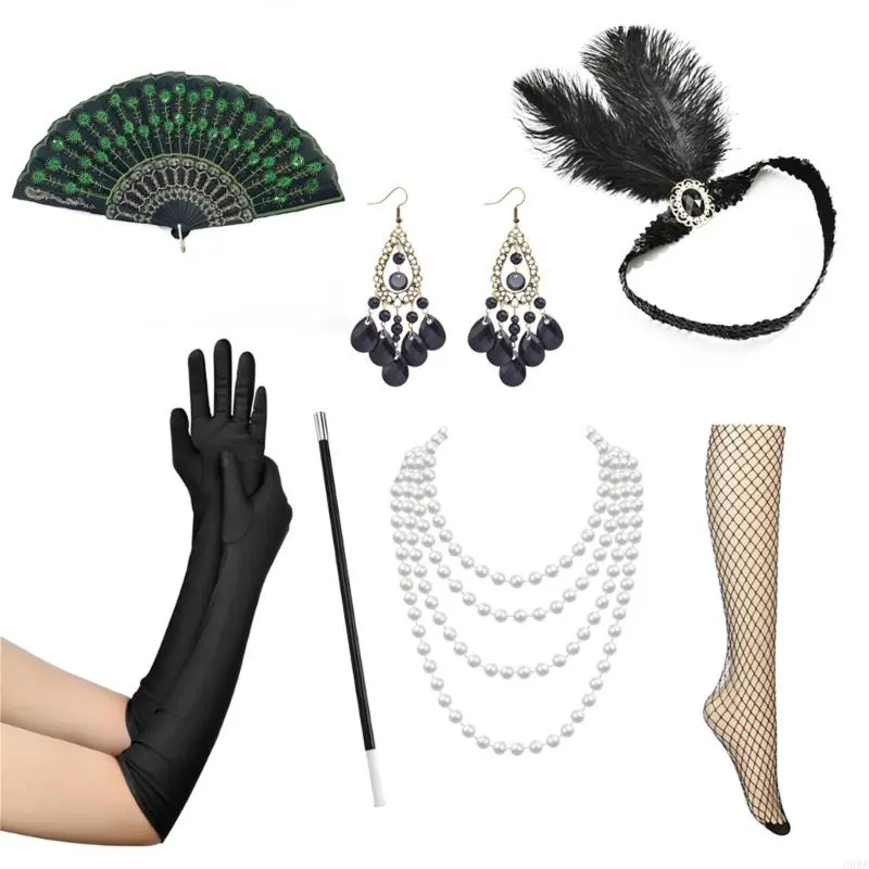 652F 1920s Costume Women's Lapel Accessories Set Vintage Dress Up with Headband, Satins Gloves, Faux Pearl Necklace