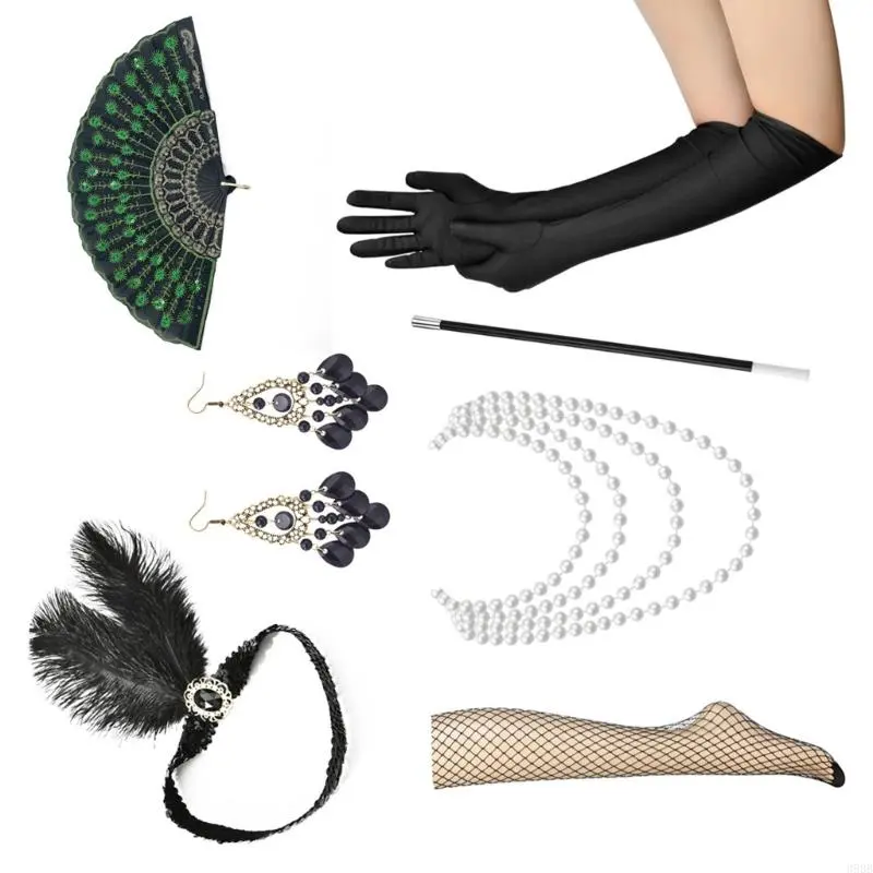 652F 1920s Costume Women's Lapel Accessories Set Vintage Dress Up with Headband, Satins Gloves, Faux Pearl Necklace