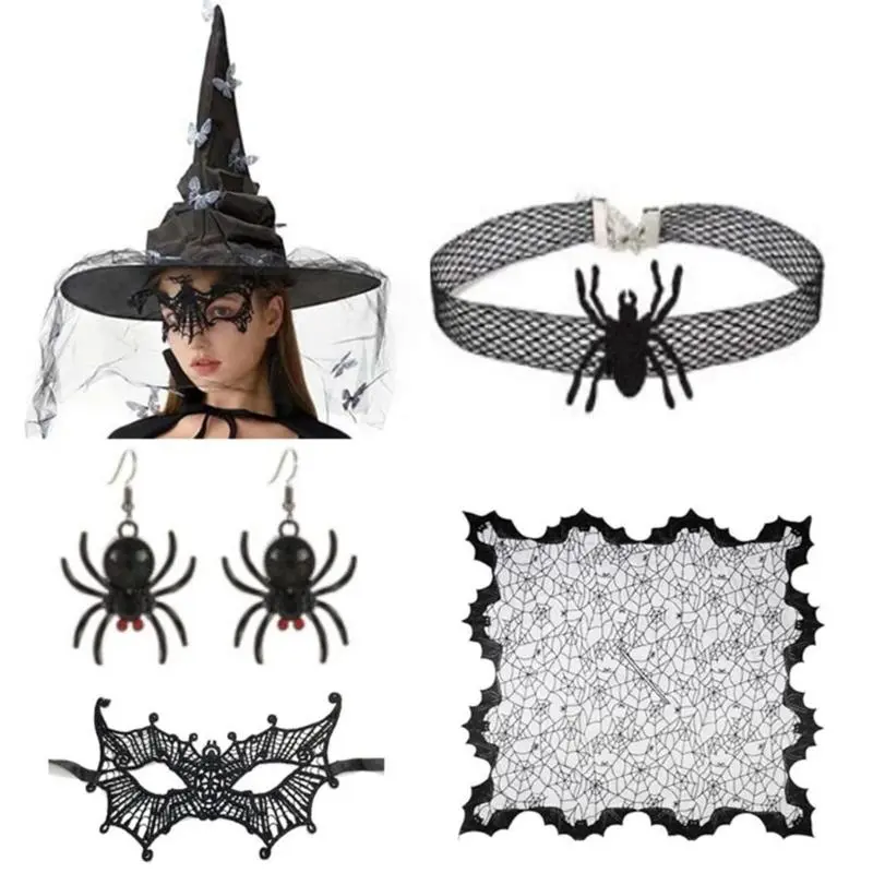 39BB Women Witch Hat with Eye Mask Choker Necklace Earrings Women Witch Costume