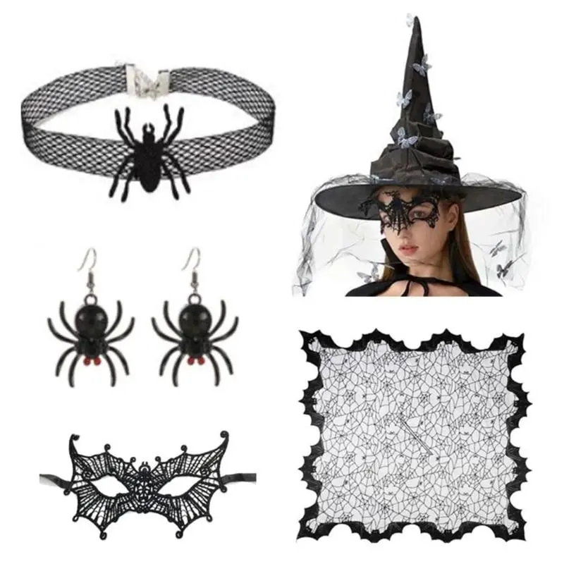39BB Women Witch Hat with Eye Mask Choker Necklace Earrings Women Witch Costume