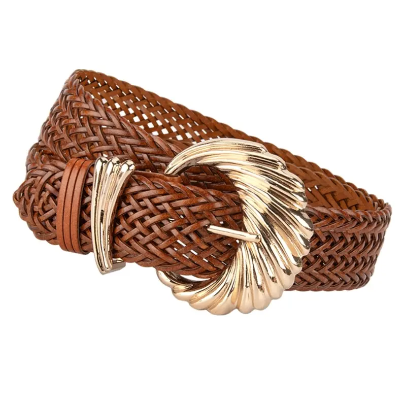 652F Korean Waistband Retro Simple Woven Leather Bran Paper Girdle Vintage Women's Waist Belt Sash for Coat Dresses