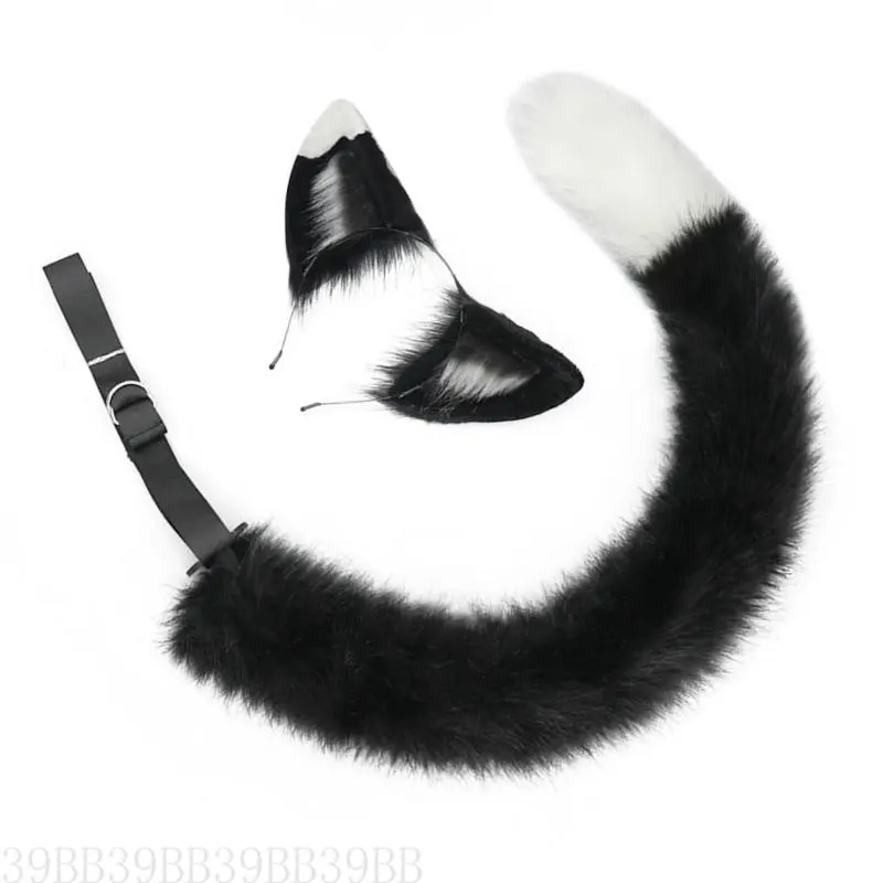 39BB Handmade Plush Cats Ears Headbands Fauxs Furs Tail for Halloween Cosplay Party Costumes Accessories for Kids Adult