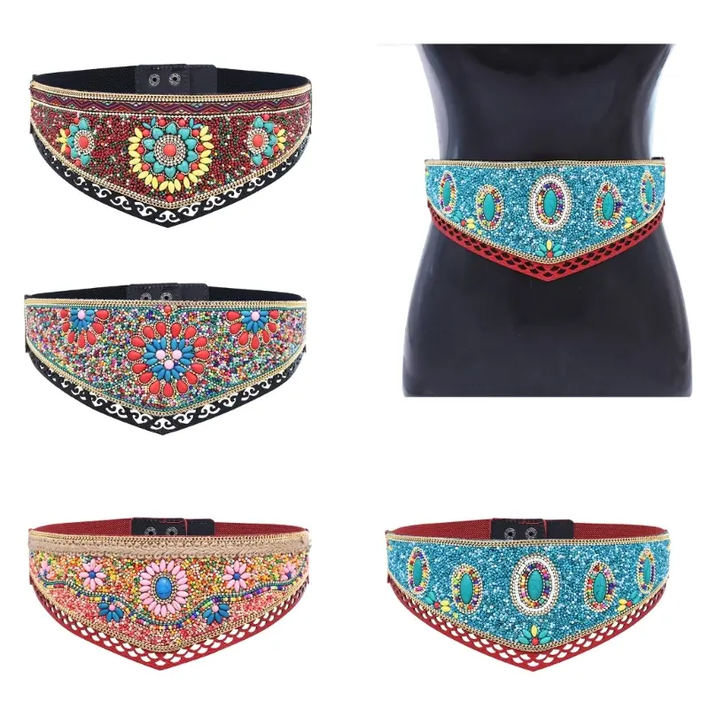 39BB Handwoven  Bead Belt Bohemian Style Women's Waist Accessory With Adjustable Tie Beach Vacation Essential