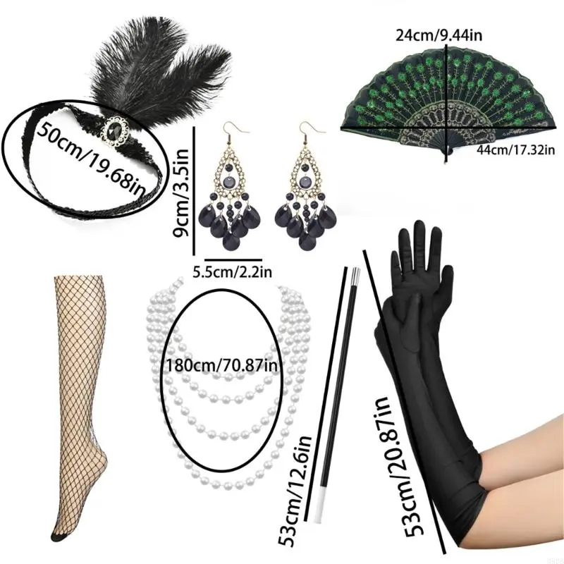 652F 1920s Costume Women's Lapel Accessories Set Vintage Dress Up with Headband, Satins Gloves, Faux Pearl Necklace