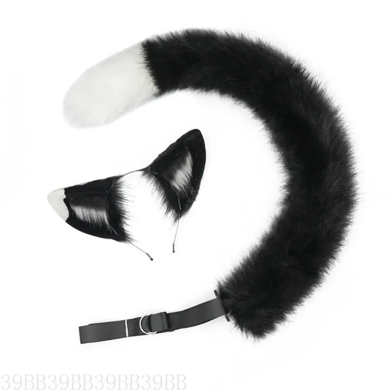 39BB Handmade Plush Cats Ears Headbands Fauxs Furs Tail for Halloween Cosplay Party Costumes Accessories for Kids Adult