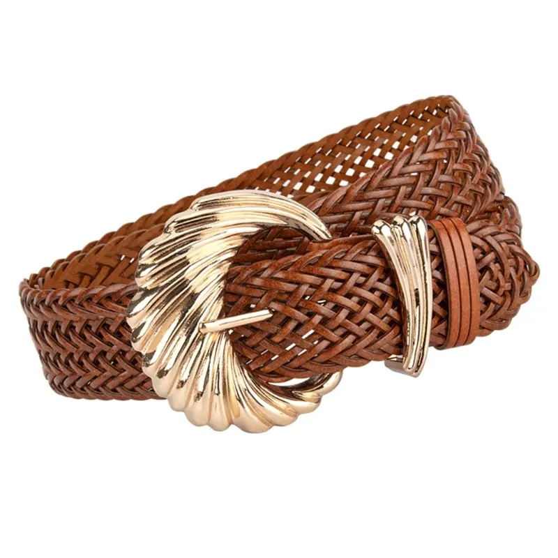 652F Korean Waistband Retro Simple Woven Leather Bran Paper Girdle Vintage Women's Waist Belt Sash for Coat Dresses