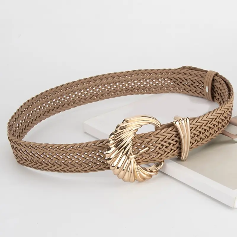 652F Korean Waistband Retro Simple Woven Leather Bran Paper Girdle Vintage Women's Waist Belt Sash for Coat Dresses