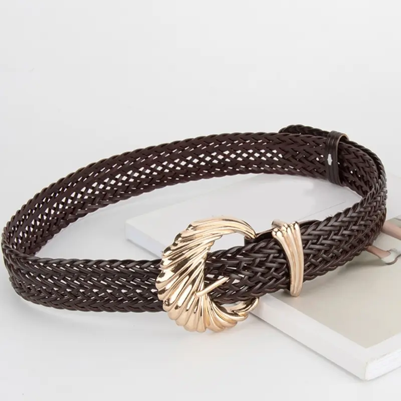 652F Korean Waistband Retro Simple Woven Leather Bran Paper Girdle Vintage Women's Waist Belt Sash for Coat Dresses