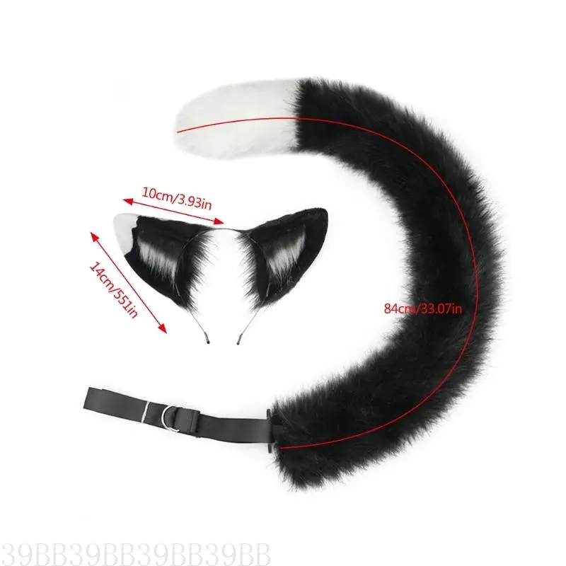39BB Handmade Plush Cats Ears Headbands Fauxs Furs Tail for Halloween Cosplay Party Costumes Accessories for Kids Adult