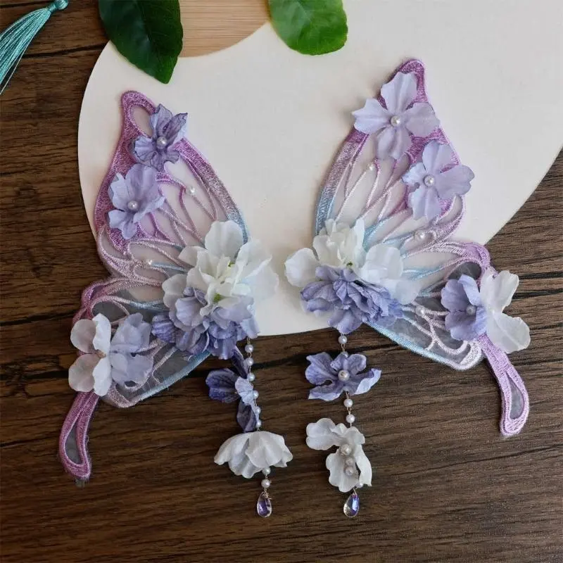 652F Fashionable Large Butterfly Hair Clip with Secure Grip Silk Flower Fringed Side Hair Barrettes for Women Han Costume