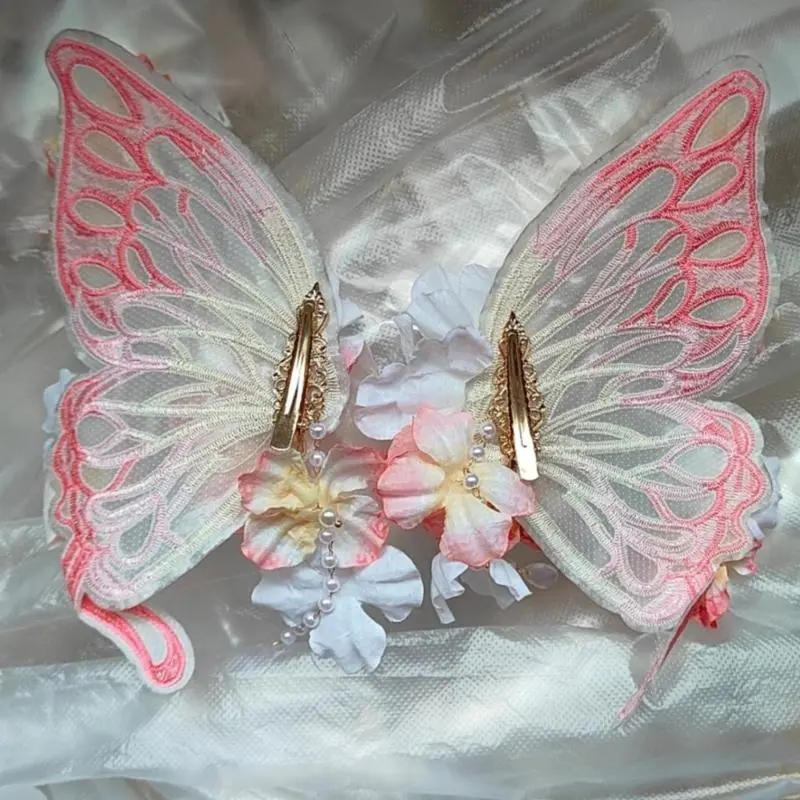 652F Fashionable Large Butterfly Hair Clip with Secure Grip Silk Flower Fringed Side Hair Barrettes for Women Han Costume