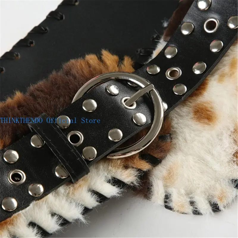 652F Patchworked Furry Faux Furs Waist Belt Decorative Belt for Pants Jeans Punk Waist Cincher Vintage Corset for Everyday Use