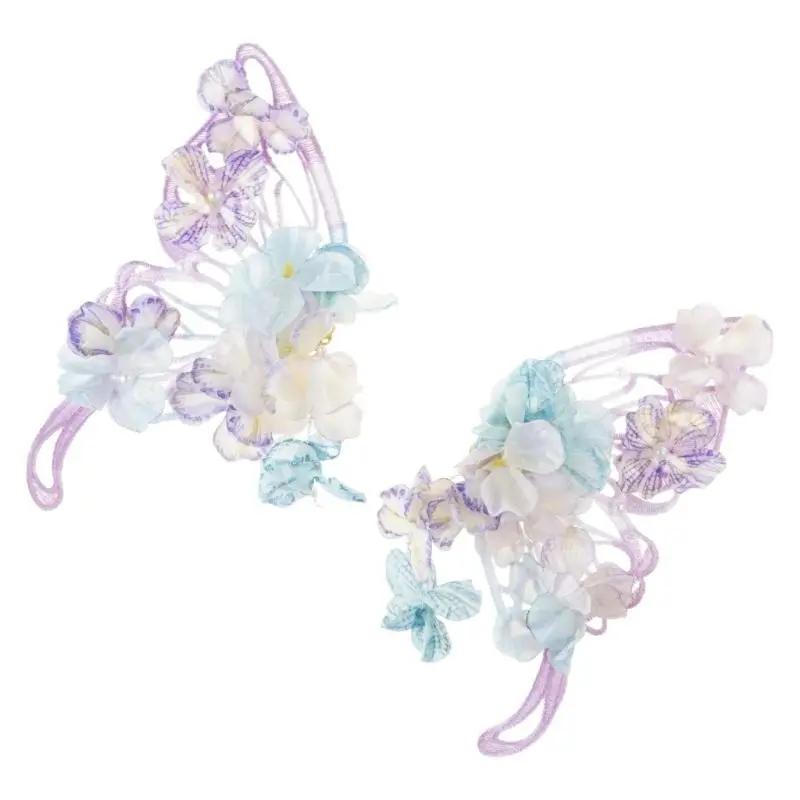 652F Fashionable Large Butterfly Hair Clip with Secure Grip Silk Flower Fringed Side Hair Barrettes for Women Han Costume