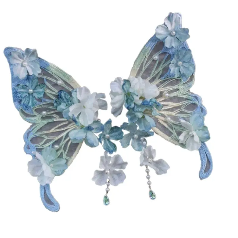 652F Fashionable Large Butterfly Hair Clip with Secure Grip Silk Flower Fringed Side Hair Barrettes for Women Han Costume