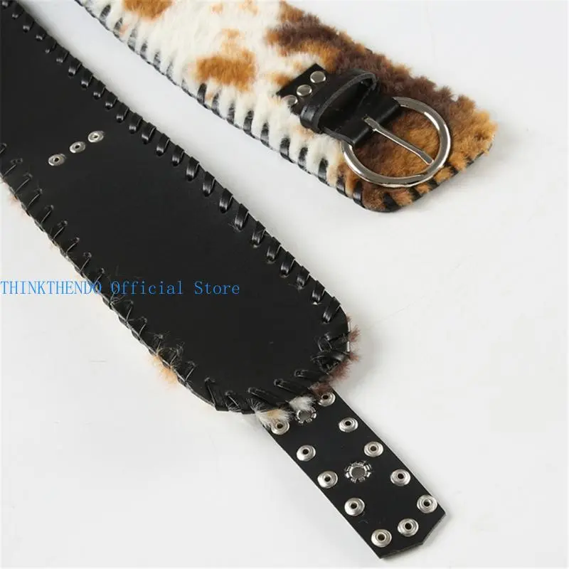 652F Patchworked Furry Faux Furs Waist Belt Decorative Belt for Pants Jeans Punk Waist Cincher Vintage Corset for Everyday Use