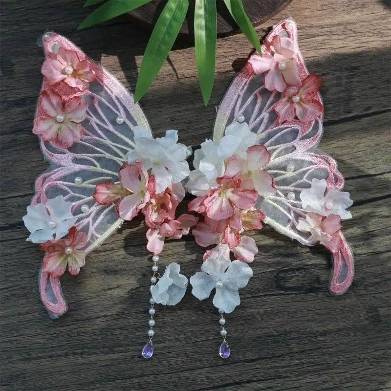 652F Fashionable Large Butterfly Hair Clip with Secure Grip Silk Flower Fringed Side Hair Barrettes for Women Han Costume