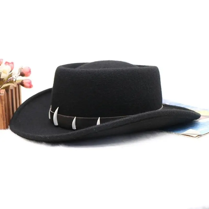 652F Stylish Wool Fedoras Hat with Faux Ethnic Decors Stage Show Top Hat for Western Styles Enthusiasts and Cosplay Parties