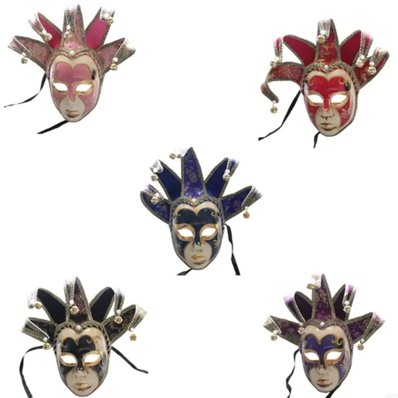 652F Masquerade Full Face Mask With Bells Vintage Mask for Men Women Halloween Cosplay Masquerade Proms Parties