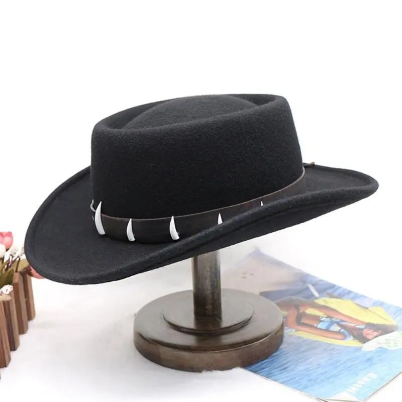 652F Stylish Wool Fedoras Hat with Faux Ethnic Decors Stage Show Top Hat for Western Styles Enthusiasts and Cosplay Parties