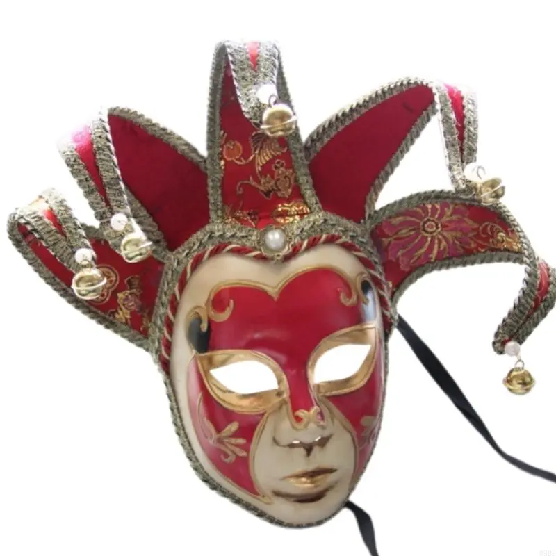 652F Masquerade Full Face Mask With Bells Vintage Mask for Men Women Halloween Cosplay Masquerade Proms Parties