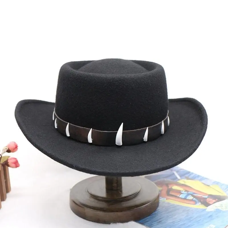 652F Stylish Wool Fedoras Hat with Faux Ethnic Decors Stage Show Top Hat for Western Styles Enthusiasts and Cosplay Parties