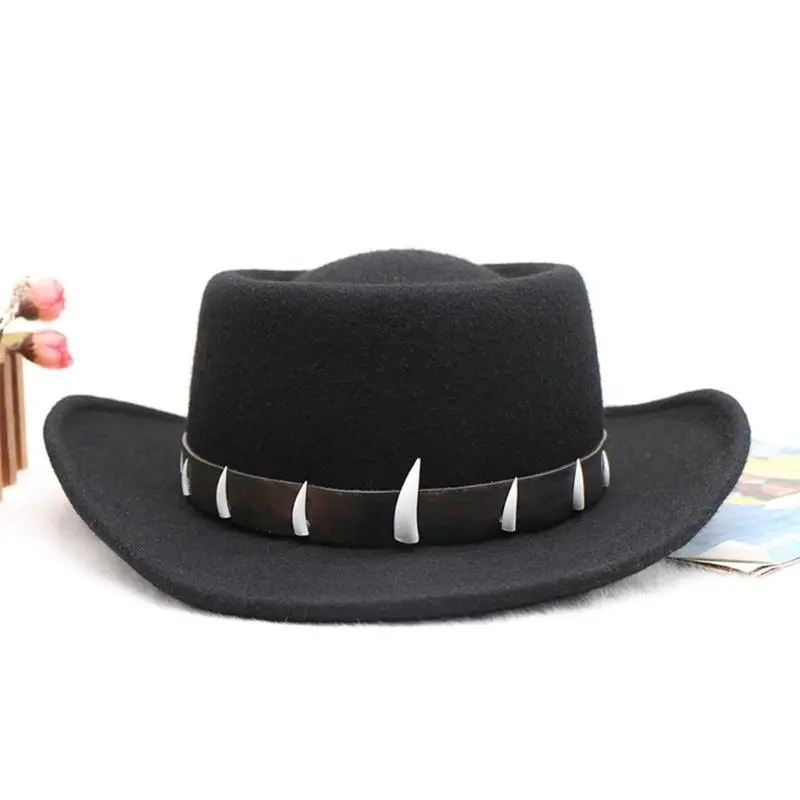 652F Stylish Wool Fedoras Hat with Faux Ethnic Decors Stage Show Top Hat for Western Styles Enthusiasts and Cosplay Parties