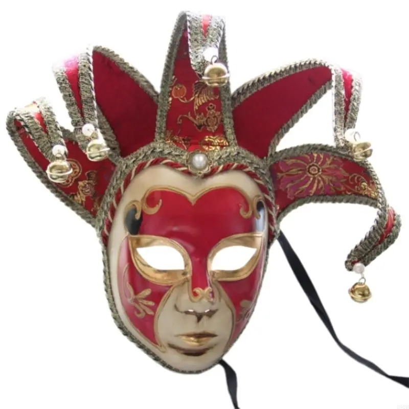 652F Masquerade Full Face Mask With Bells Vintage Mask for Men Women Halloween Cosplay Masquerade Proms Parties