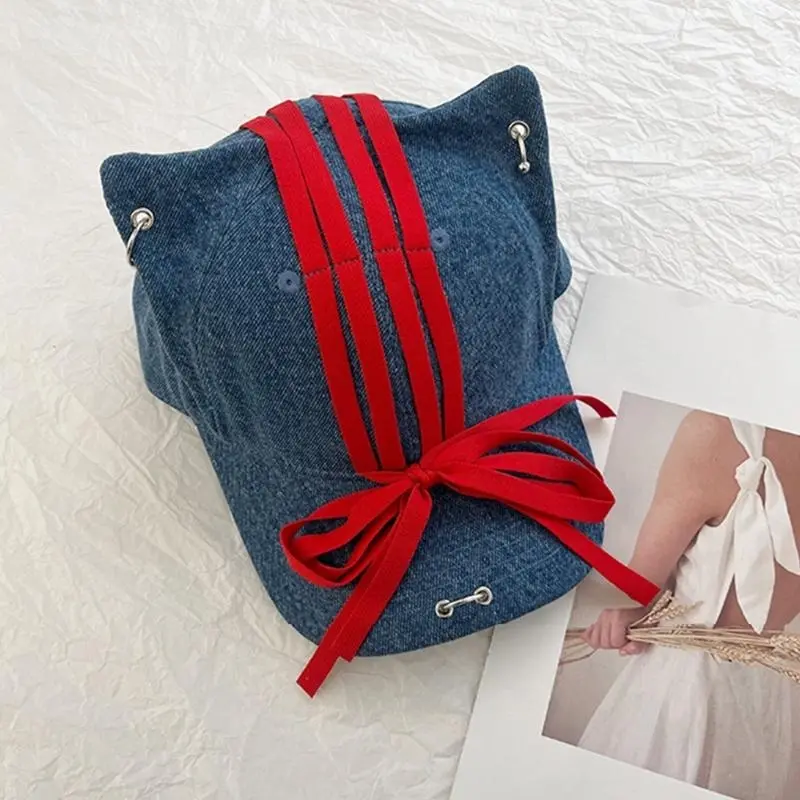 652F Lovely Cats Ear Baseball Hat with Stylish Bowknot Breathable Comfortable Sunproof Hat for Outdoor Activity Daily Wear