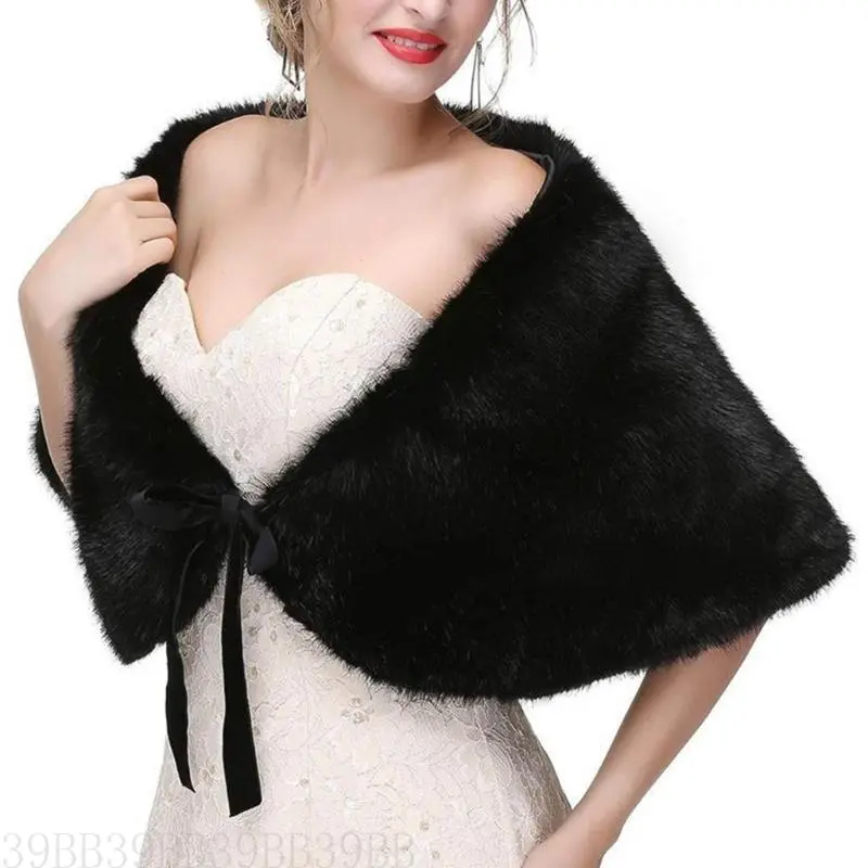 39BB Elegant Faux Furs Shoulder Covering Shawl Wraps for Wedding Gowns and Evening Dress Bows Tie Capelet Furry Stoles Scarf