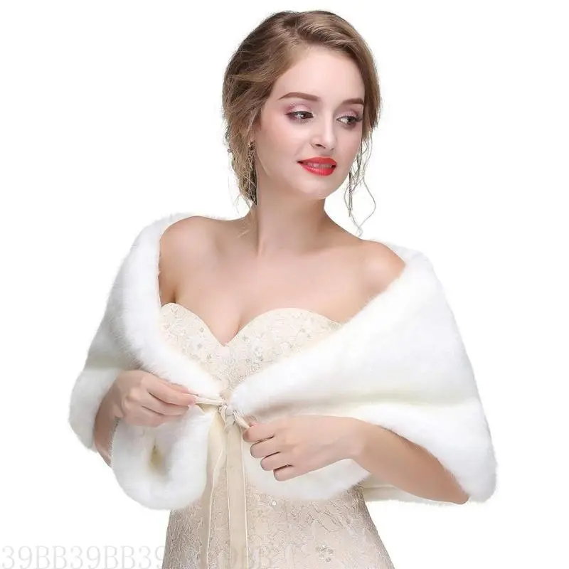 39BB Elegant Faux Furs Shoulder Covering Shawl Wraps for Wedding Gowns and Evening Dress Bows Tie Capelet Furry Stoles Scarf