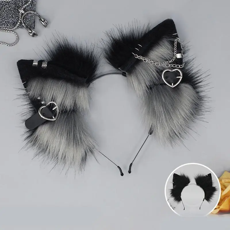 652F Punk Ears Cosplay Hair Hoop with Dangle Jewelry Woman Teens Headband for Live Broadcast Carnivals Hairband