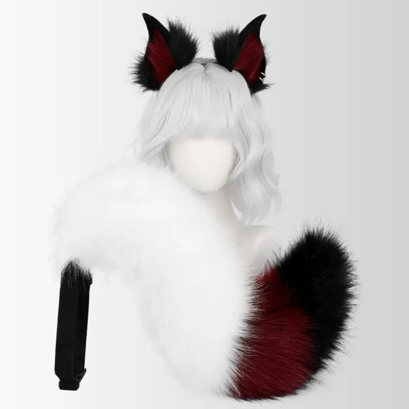 652F Realistic Cats Ears Hairband and Tail Plush Set for Cosplay Role Play and Photography Props