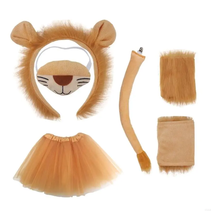 652F Child Lion Cosplay Set Animal Dress up Costume Lion Hairband, Tail, Skirt, Bowtie for Kid Birthday Party Halloween