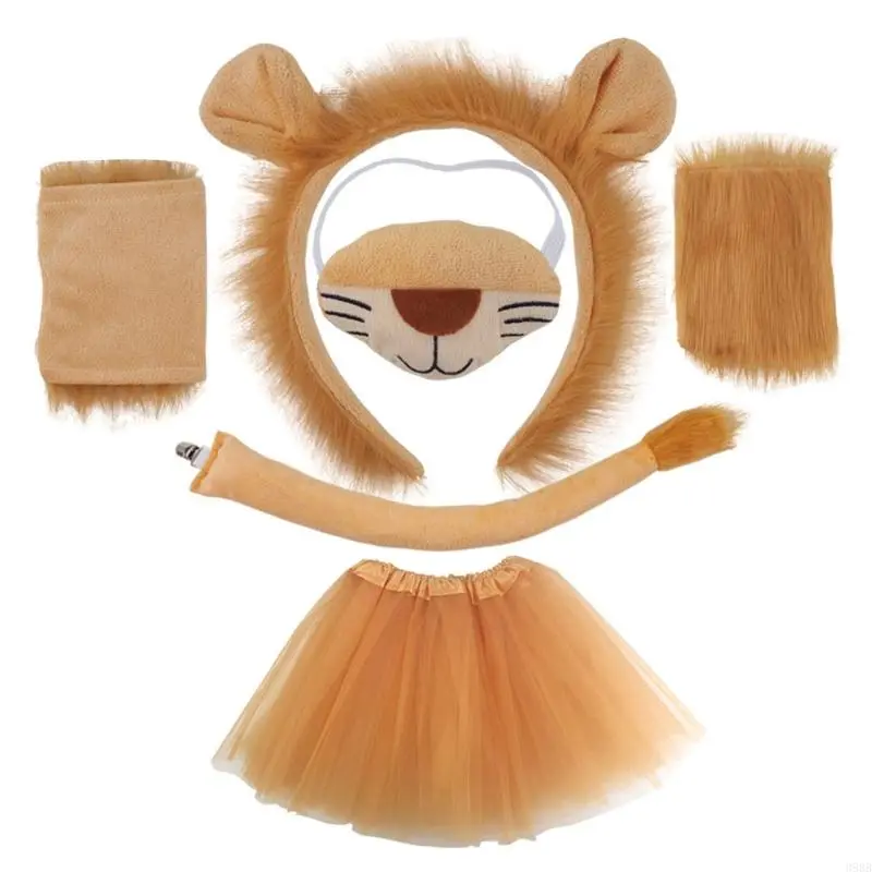 652F Child Lion Cosplay Set Animal Dress up Costume Lion Hairband, Tail, Skirt, Bowtie for Kid Birthday Party Halloween