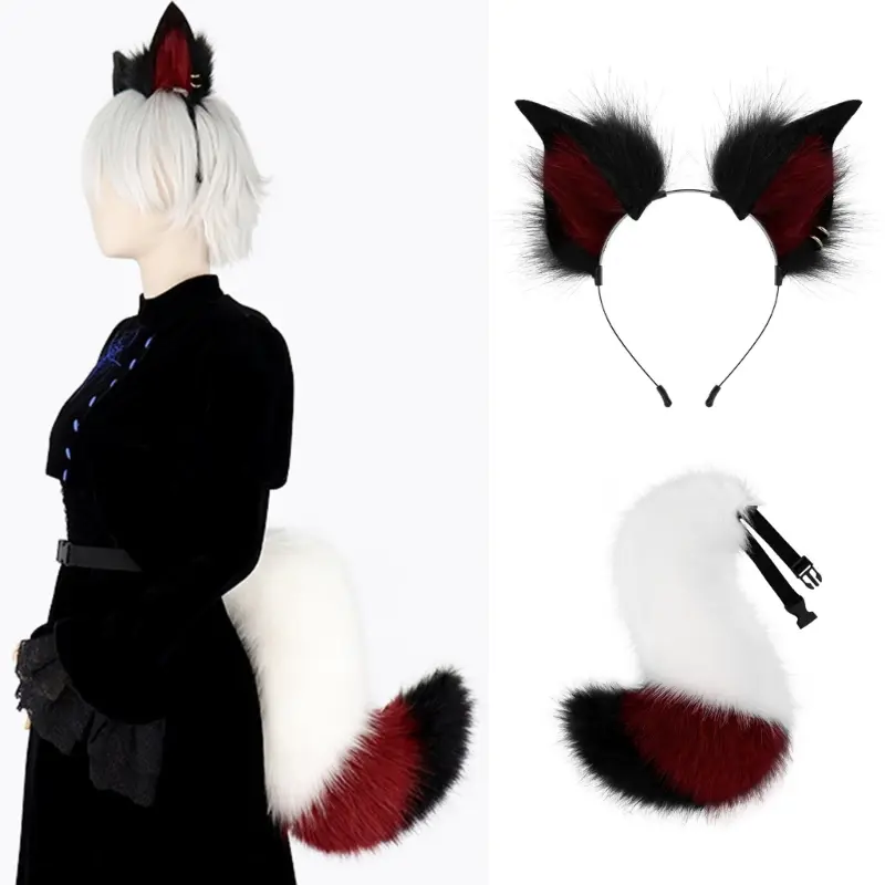 652F Realistic Cats Ears Hairband and Tail Plush Set for Cosplay Role Play and Photography Props