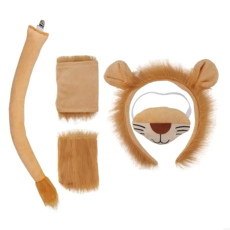 652F Child Lion Cosplay Set Animal Dress up Costume Lion Hairband, Tail, Skirt, Bowtie for Kid Birthday Party Halloween