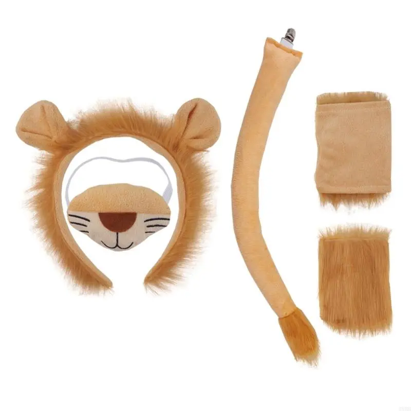 652F Child Lion Cosplay Set Animal Dress up Costume Lion Hairband, Tail, Skirt, Bowtie for Kid Birthday Party Halloween