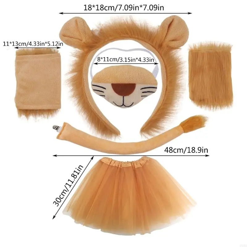 652F Child Lion Cosplay Set Animal Dress up Costume Lion Hairband, Tail, Skirt, Bowtie for Kid Birthday Party Halloween