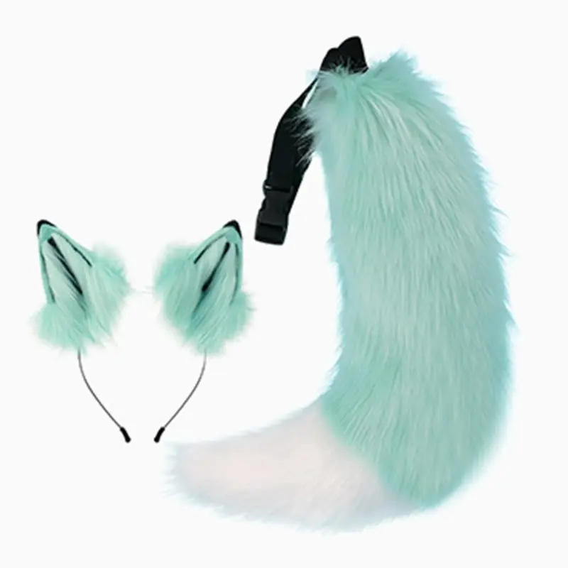 652F Wolf Ears Headband with Tail Foxes Wolf Ears and Tail Set Halloween Cosplay Party Foxes Costume Accessories Kid Adult