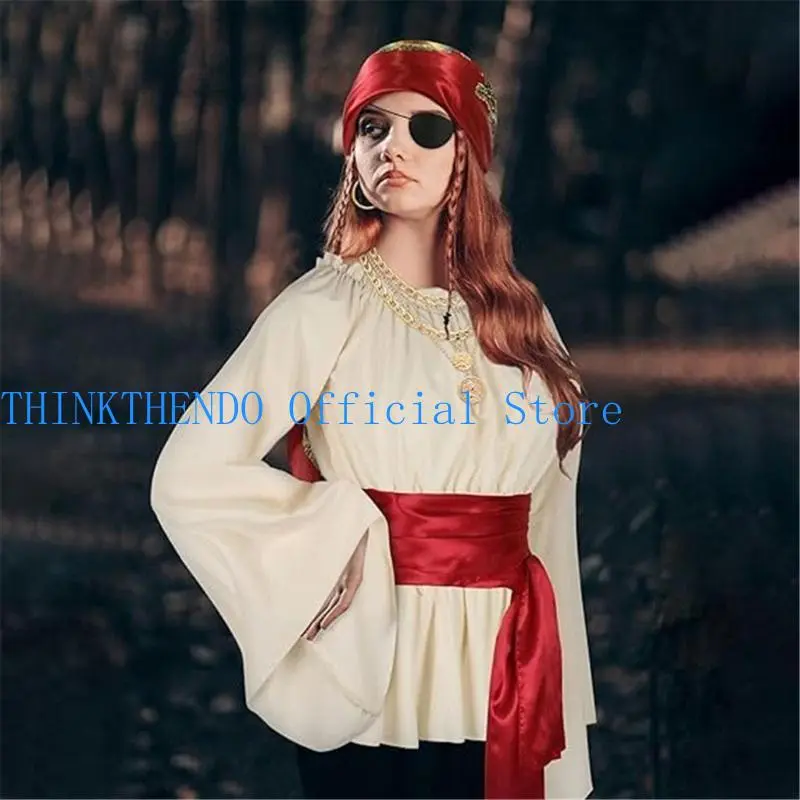 652F Pirate Costume Accessories Pirate Bandana Sash Necklace Earrings Eye Patches for Halloween Carnival Dress Up Cosplay