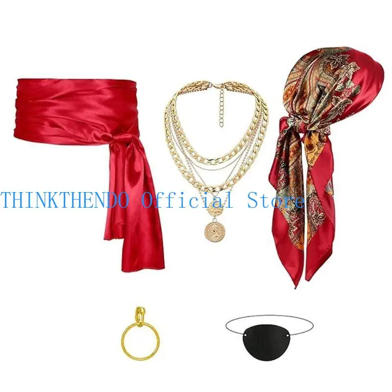 652F Pirate Costume Accessories Pirate Bandana Sash Necklace Earrings Eye Patches for Halloween Carnival Dress Up Cosplay