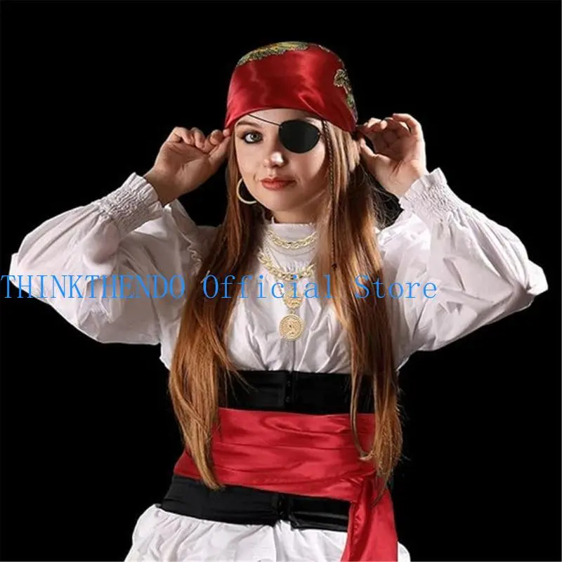 652F Pirate Costume Accessories Pirate Bandana Sash Necklace Earrings Eye Patches for Halloween Carnival Dress Up Cosplay