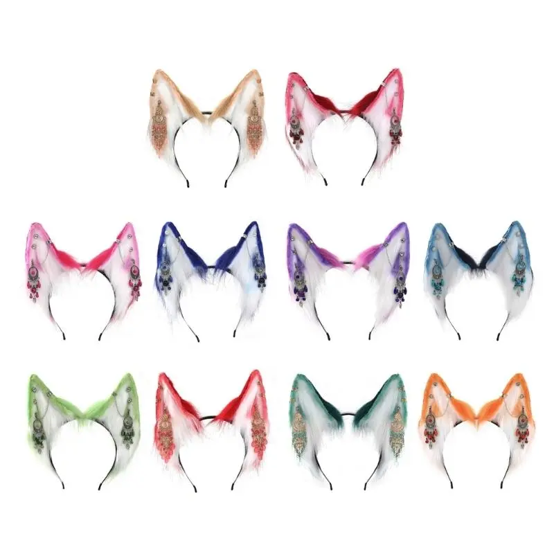 652F Cartoon Foxes Wolf Ear Hair Hoop with Fringe Earring Decor Hair Holder Cosplay Party Headwear for Teenagers Adult