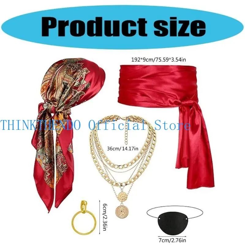 652F Pirate Costume Accessories Pirate Bandana Sash Necklace Earrings Eye Patches for Halloween Carnival Dress Up Cosplay