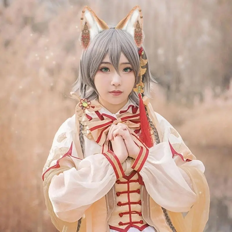 652F Cartoon Foxes Wolf Ear Hair Hoop with Fringe Earring Decor Hair Holder Cosplay Party Headwear for Teenagers Adult