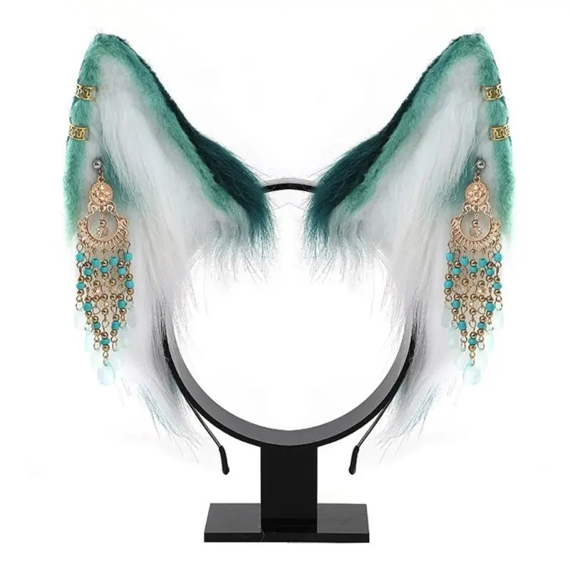 652F Cartoon Foxes Wolf Ear Hair Hoop with Fringe Earring Decor Hair Holder Cosplay Party Headwear for Teenagers Adult