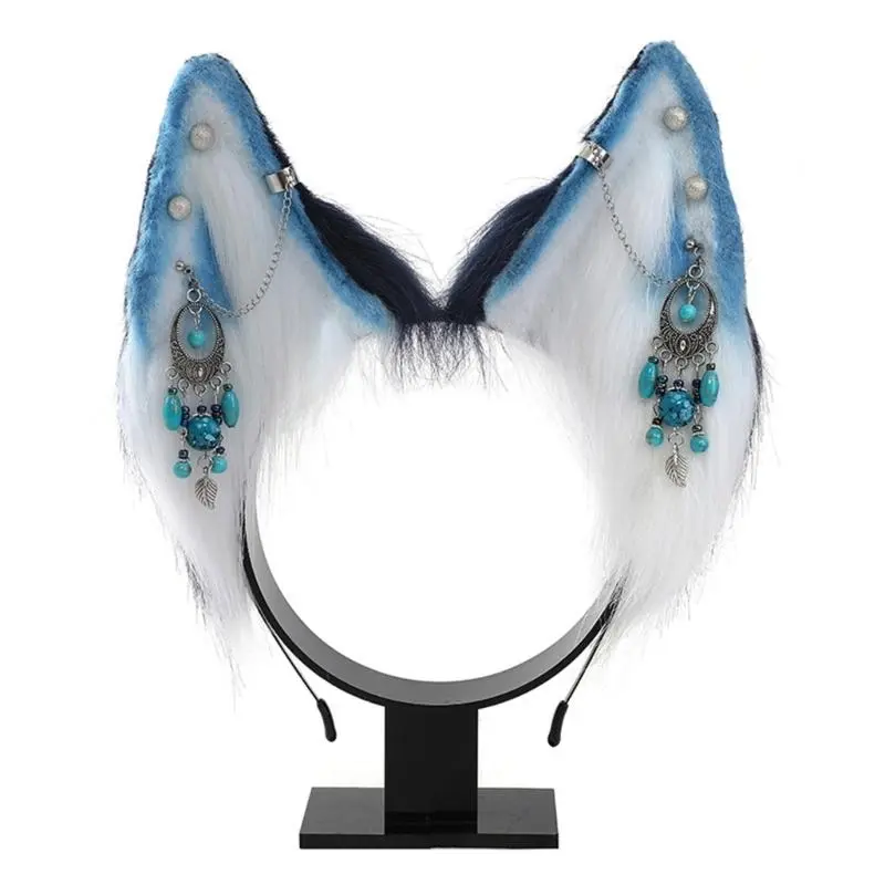 652F Cartoon Foxes Wolf Ear Hair Hoop with Fringe Earring Decor Hair Holder Cosplay Party Headwear for Teenagers Adult
