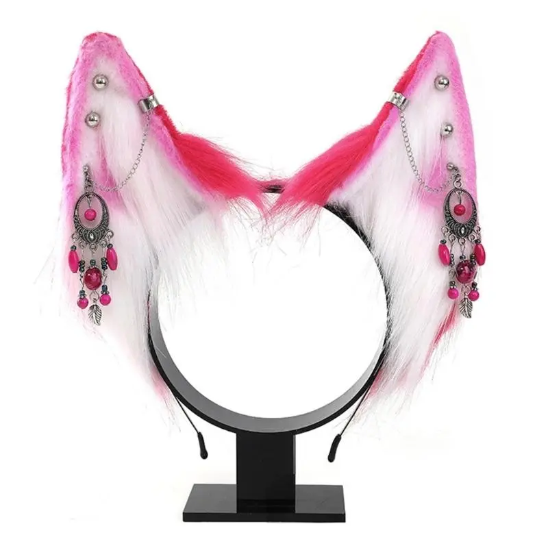 652F Cartoon Foxes Wolf Ear Hair Hoop with Fringe Earring Decor Hair Holder Cosplay Party Headwear for Teenagers Adult
